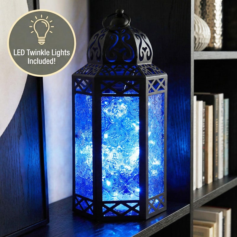 VELA LANTERNS 12" Black Metal Moroccan Decorative LED Fairy Lights Candle Lantern Holders for Hanging or Table, Indoor Home Decor, Outdoor Patio or Porch, Weddings, Blue Glass, Large - Image 2